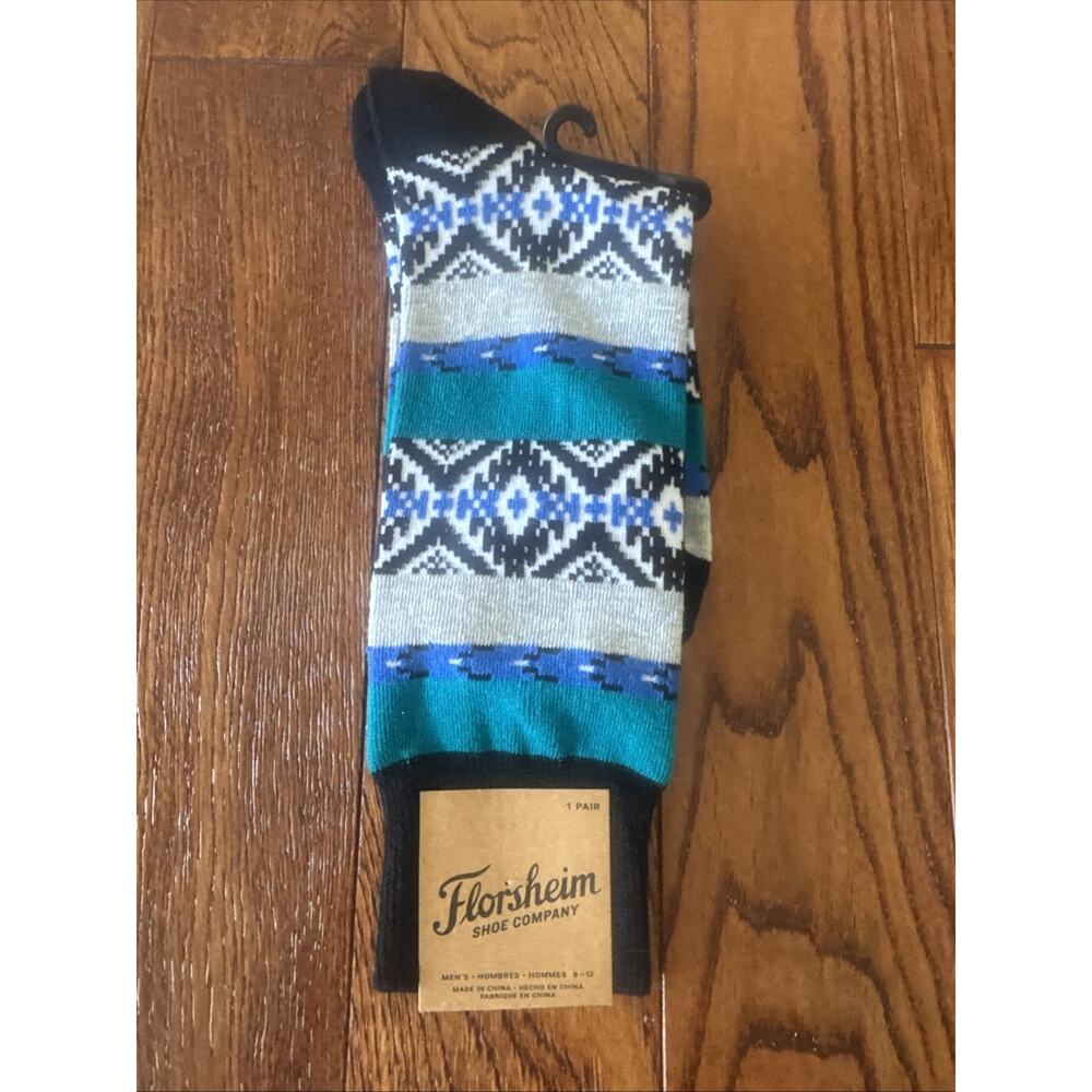 Florsheim Shoe Company Mens Fair Isle Geometric Crew‎ Socks Teal Blue Black 8-13
